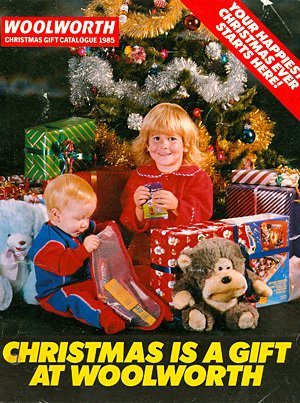 Woolworth Christmas Catalogue from 1985, featuring a girl wearing a Dressing Gown from the new Ladybird Range.  This was the last Catalogue to be branded Woolworth - by 1986 an 'S' had been added to the brand name to make the more recent 'WOOLWORTHS' logotype.
