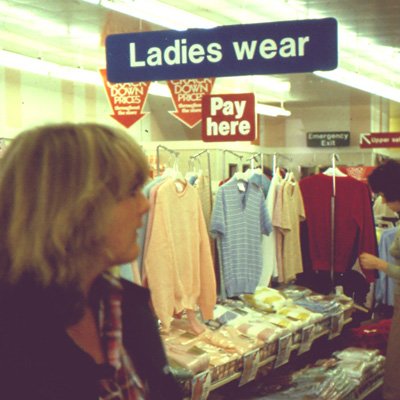Large arrow signs above discounted displays were a feature of the Crackdown promotion, as shown in these displays of women's fashions at Melton Mowbray in 1980.