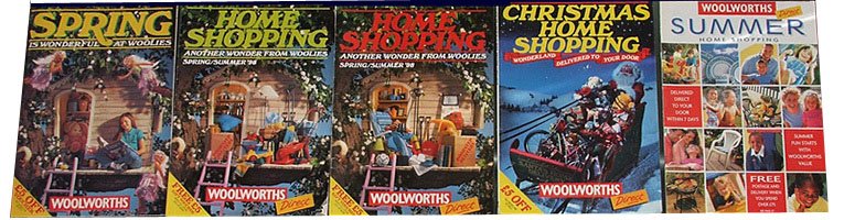 Woolworths Catalogues from 1998. On the left is the traditional store catalogue, while each of the others was specially prepared to support the new drive into Home Shopping.  Many customers asked to buy a shed (which featured on the front of three of the catalogues), only to find that Woolworths didn't sell them!
