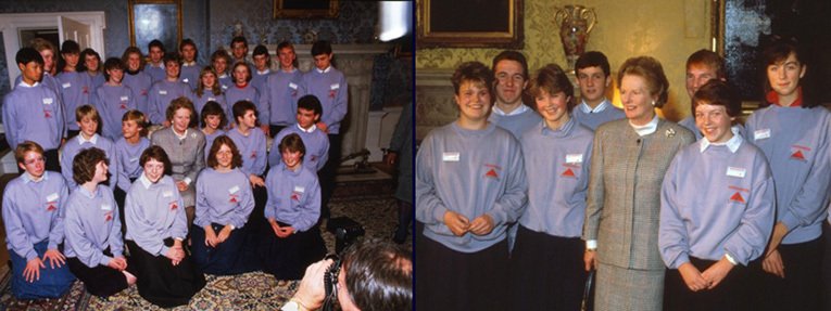 The Prime Minister, Baroness Thatcher (then the Rt Hon Margaret Thatcher, PC MP) welcomes Woolworths Young Leaders to tea at Downing Street - the culmination of Leadership '86, a campaign devised by HR Director Don Rose and his deputy Ken Durbridge