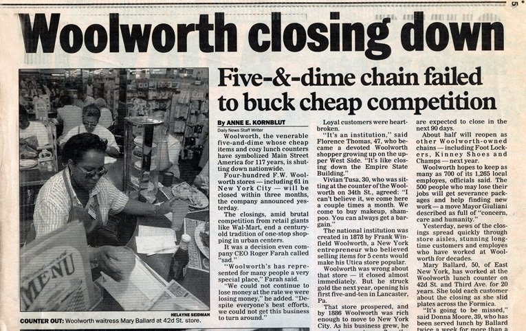 Media coverage of the shutdown of the remaining Woolworth stores in the USA and Canada, from The Daily News of Friday 18 July 1997