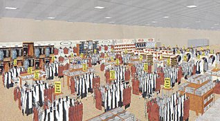 A virtual reality view of a clothing area in a new out of town superstore