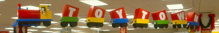 Toytown ceiling-mounted trains toured the ceiling of modernised larger Woolworths stores in the late 1980s and early 1990s