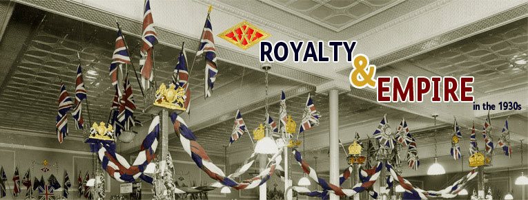 Royalty and Empire in the 1930s - F. W. Woolworth style. Flags, buntings and crests in abundance on the salesfloor of the Calverley Road, Tunbridge Wells store