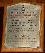 Plaque from Lord Beaverbrook, Minister of Aircraft Production, to the Directors and Team of Woolworths, for contributing two Spitfires to the RAF.