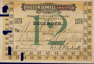 A railroad ticket made out to W H Moore, dated December 1878
