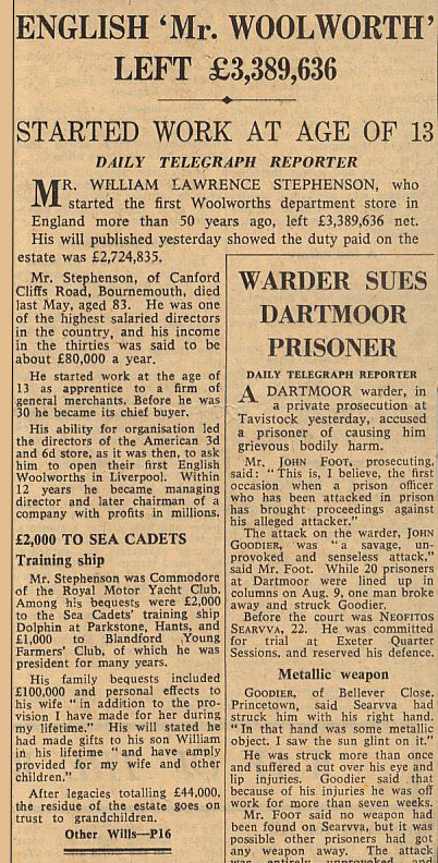Obituary for William Lawrence Stephenson from the Daily Telegraph (courtesy of Telegraph Newspapers Ltd)