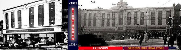 Before and after pictures of the flagship F. W. Woolworth store in the Bull Ring, Birmingham (Spiceal Street), which doubled in size in the 1930s. Administrative Offices above the store were responsible for the day-to-day administration of around 150 stores across central England and Wales in the chain's Birmingham Region.