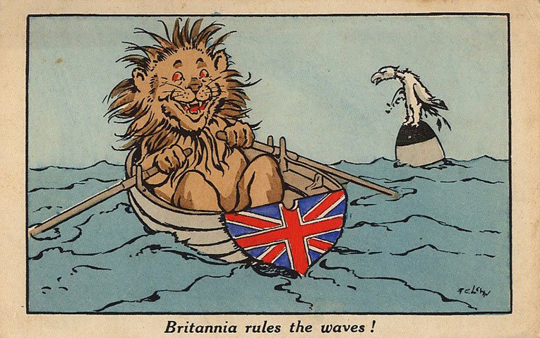 Britannia rules the waves - a patriotic Great War postcard from F. W. Woolworth & Co. Ltd.  Drawn by F.G. Lewin