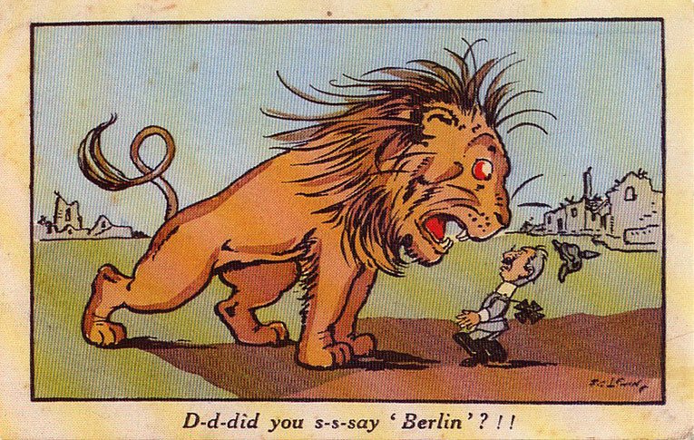 A patriotic British postcard from the First World War, drawn by F.G.Lewin entitled "D-d-did you s-s-say 'Berlin' ?!!"