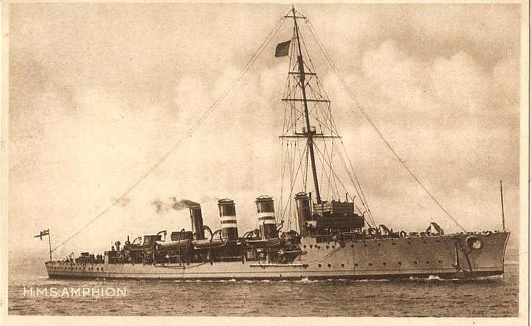 HMS Amphion - an active-class scout cruiser, and the first British Warship to be sunk in World War One