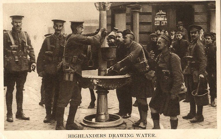 Highlanders drawing water for their horses in Northern France early in the First World War