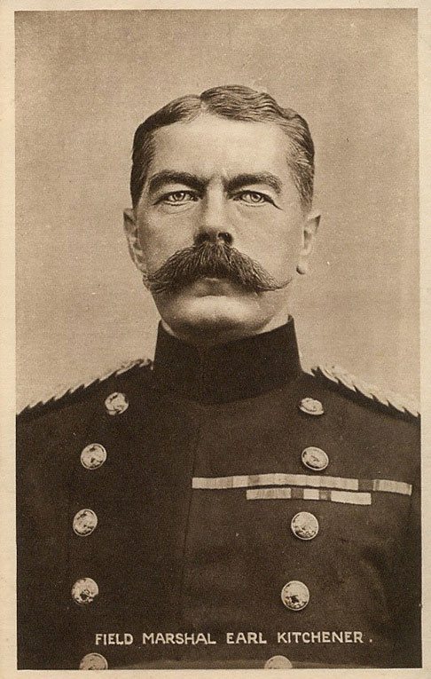 The face that persuaded a generation of young men to go to war in 1914, answering the call 'Your Country Needs You' - Field Marshall Earl Kitchener who was appointed Secretary of War by Prime Minister Asquith in 1914 upon the outbreak of World War I