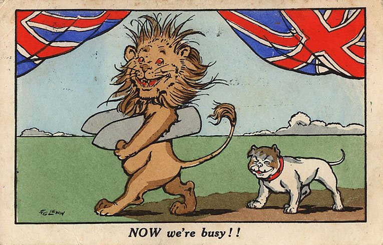 A patriotic British cartoon postcard from the First World War, featuring the Lion carrying two torpedos saying to the bulldog "NOW we're busy !!"