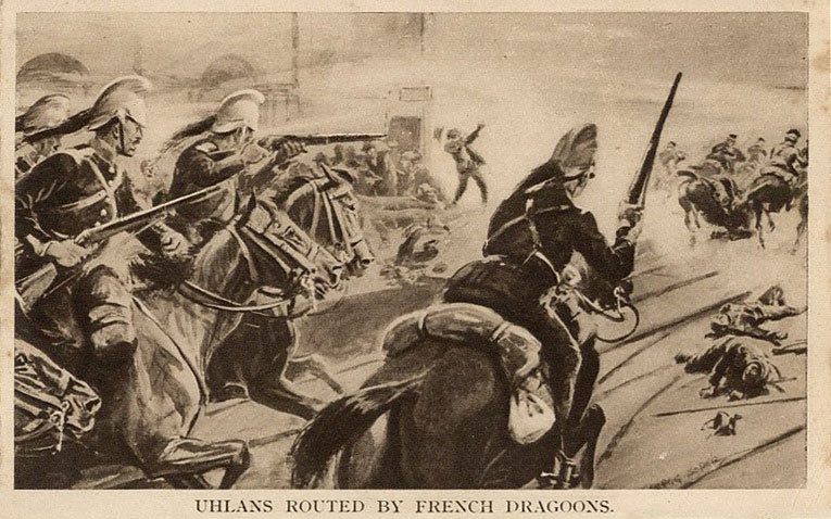 From the early days of World War I - a propaganda postcard captioned 'Uhlans routed by French dragoons'