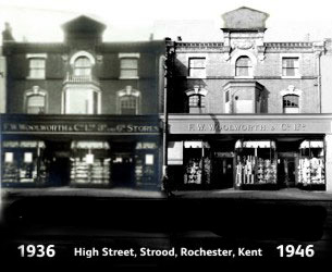 The changing face of Woolworth's in Strood, Rochester, Kent between 1936 and 1946. References to the threepenny and sixpenny stores have started to disappear (although the transom signs above the door remain seven years after the top limit was scrapped).