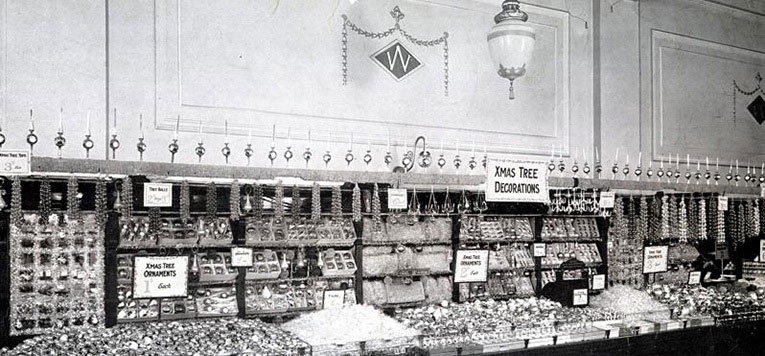 Christmas Decorations on display in the Liverpool Woolworths in 1928.  The display was set up early, photographed and copies sent to all of the other stores, who were instructed to follow the layout