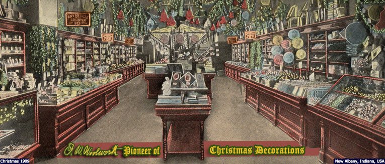 The elaborately decorated salesfloor of the F. M. Kirby & Co. store in New Albany, Indiana, USA in 1909, which was a member of the Woolworth Syndicate