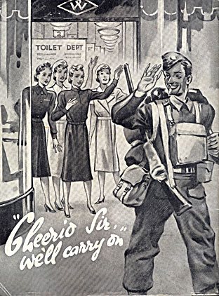 The back cover of the first "New Bond", the Woolworths staff magazine of World War II, published in November 1939.  Colleagues wave goodbye as a Store Manager in military uniform leaves to serve his country.  The caption reads "Cheerio, Sir, we'll carry on".