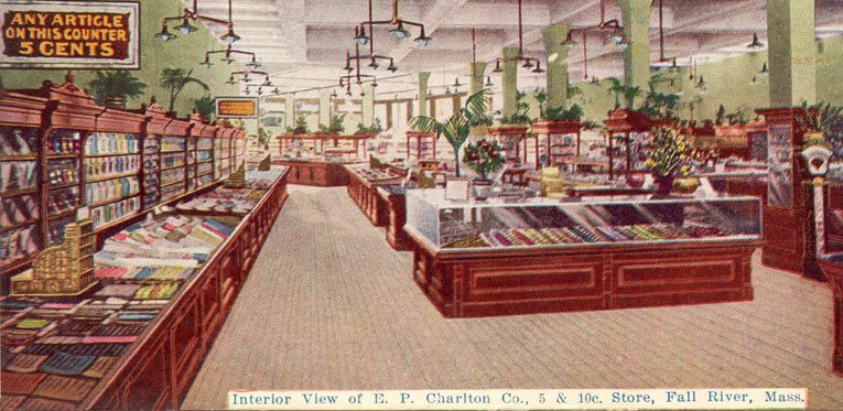 An interior view of the E.P. Charlton & Co. Five-and-Ten Cent Store in South Main Street, Fall River, Massachusetts, pictured in February 1908