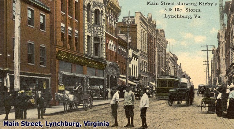 The F.M. Kirby Five and Ten Cent Store in Lynchburg, Virginia, pictured in around 1905. The chain's rapid expansion and huge queues on Saturdays had made them quite a phonemenon, to the point where independent producers published picture cards that highlighted them by name.