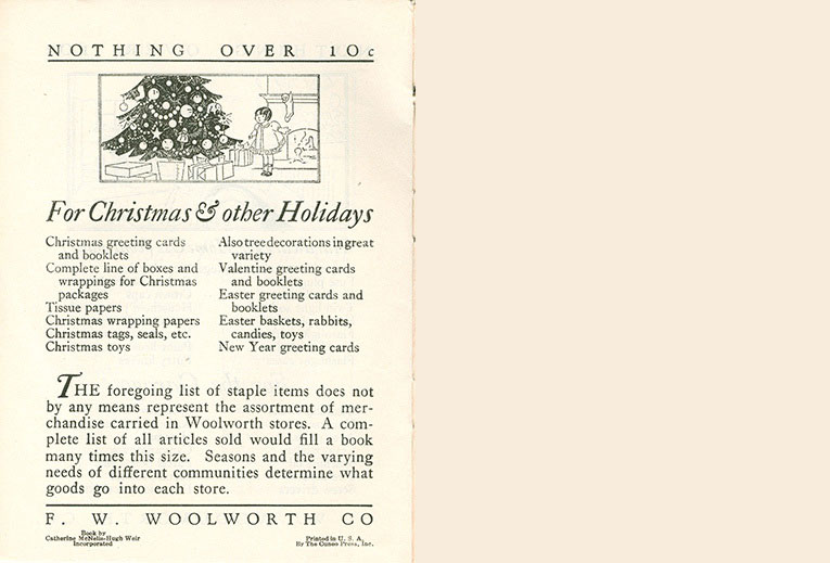Christmas and other holidays pages from the original Woolworth home shopping brochure from 1929
