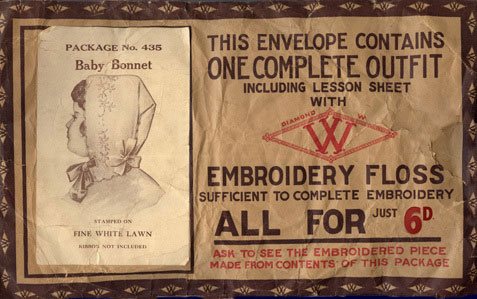 A complete Woolworths Baby Bonnet in kit form, sold for sixpence in the High Street stores between 1909 and 1919