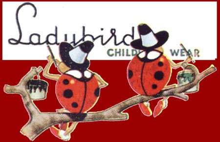 Two Ladybirds paint a shop sign. Drawn by Con H. Lomax of Pasold Ltd.