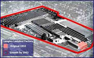 The Ladybird Factory at Langley on the border of Berkshire and Buckinghamshire, showing the scale of expansion over the 30 years from 1932 to 1962.