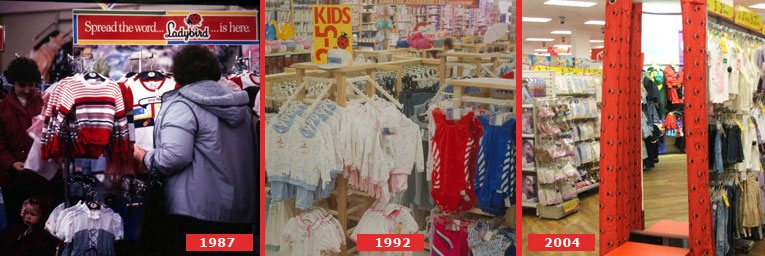A passion for fashion in the High Street - displays of Ladybird clothes at Woolworths - left 1987 Reading, Berks, Centre 1992 Staines, Middx and right 2004 Peckham, London SE15, the hundredth store to receive a full refurbishment between 2002 and 2004