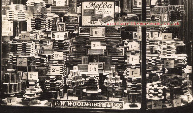 A window display of Melba chocolate bars in a variety of shapes and sizes from tuppence to sixpence at Woolworth's in the 1930s
