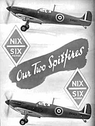 Two Spitfires bought for the RAF by F. W. Woolworth colleagues and Directors during the Battle of Britain - in official pictures from the Ministry of Aircraft Production.  This page appeared on the back of a special issue of the staff magazine.