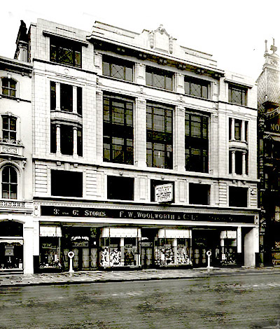 Woolworth's huge flagship store in the UK's premier shopping area, Oxford Street, London, W1 (Store 161), pictured early in the morning on its opening day, 19 July 1924.