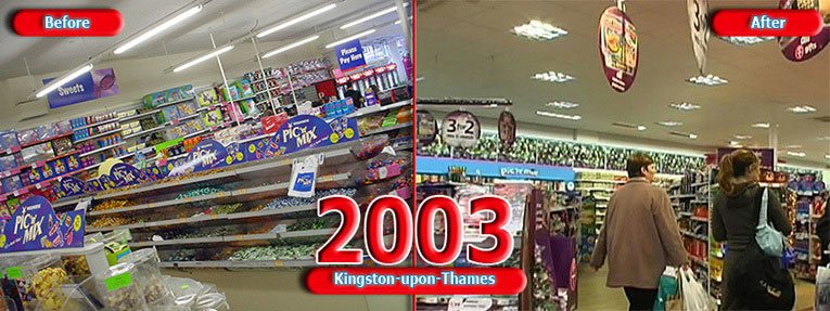 The Woolworths sweet department in Kingston-upon-Thames, Surrey, UK, before and after modernisation in 2003
