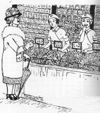 The early sweet counters were 'personal service', meaning an assistant was on hand to help customers to choose and to take their money.  The 'weigh out sweets' department was normally displayed on an island counter, standing in front of a wall display of boxed and packet confectionery.