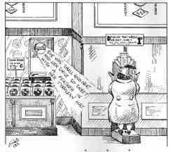 A cartoon from the Woolworth Staff Magazine 'The New Bond' pokes fun at a fat customer standing on a weighing scale next to the store's record department, which is playing the Vera Lynn hit 'it's a sin to tell a lie'