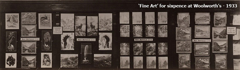 The selection of 'fine art' small pictures for sixpence from F. W. Woolworth's British stores, pictured in 1933