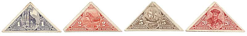 Issued in 1916, a quirk of fate meant that these triangular stamps issued by the Royal Nyassa Company in the colony of Portuguese East Africa (Mozambique) featured regularly in Woolworth assortment packs in the period after World War II