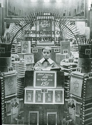 An unusual display of back to school items at a Woolworth store in Pine Bluff, Arkansas, USA in about 1930