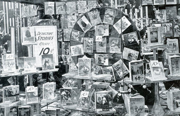 A window full of detective story books, pictured at an American Woolworth five-and-ten in around 1930