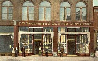 A colour postcard of the F. W. Woolworth 5 and 10 cent store in Homestead, Pennsylvania, which opened in 1904