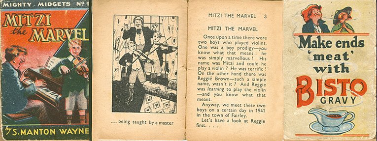 The front and back covers of a Mighty Midget along with two sample pages from the inside