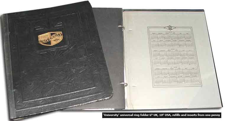F. W. Woolworth's 'University' branded ring binders became worldwide best sellers between 1909 and 1939.  Loose leaf inserts, which were sold separately, made them highly adaptable, while leather-look bindings gave them a touch of class for just a few pence