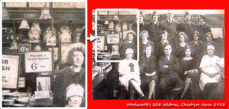 Story and picture books on sale in the F.W. Woolworth store in Widnes, Cheshire in around 1928.  The picture, which was contributed by members of the Widnes team, shows the full staff of the store at that time