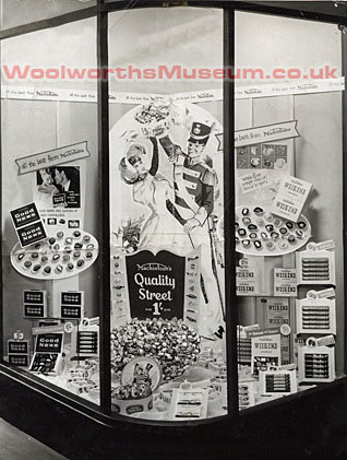 An elaborate window display, promoting the launch of Quality Street - a new chocolate assortment from Macintosh of Norwich - at Woolworths, Talbot Road, Blackpool in the 1950s