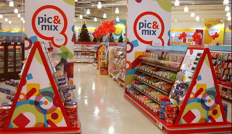 Dig in - a shortlived new creative treatment for Woolworths' traditional pic'n'mix sweets range at the out of town store in Tamworth, Staffordshire in 2004