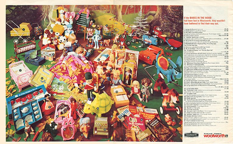 The second of two double-page spreads of Toys in the 1975 Woolworth Christmas Catalogue