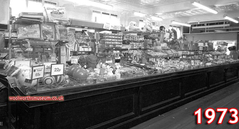 By the early 1970s many smaller Woolworth stores were starting to look quaint and old-fashioned. The picture shows the store at Atherstone, Warwickshire in 1973. While the merchandise had changed, the look and feel of the store had remained frozen in time for the thirty years since World War II. The branch was finally modernised and converted to self-service shortly after this picture was taken.