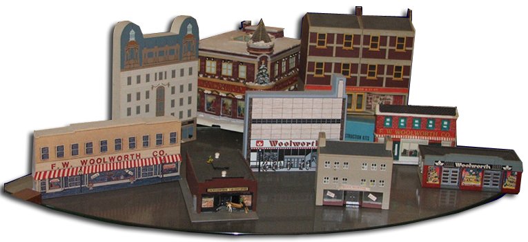An entire town centre of model Woolworths stores, some in wood, some in porcelain and others in plastic. Some of these were sold as collectables, others as scenery for model train sets