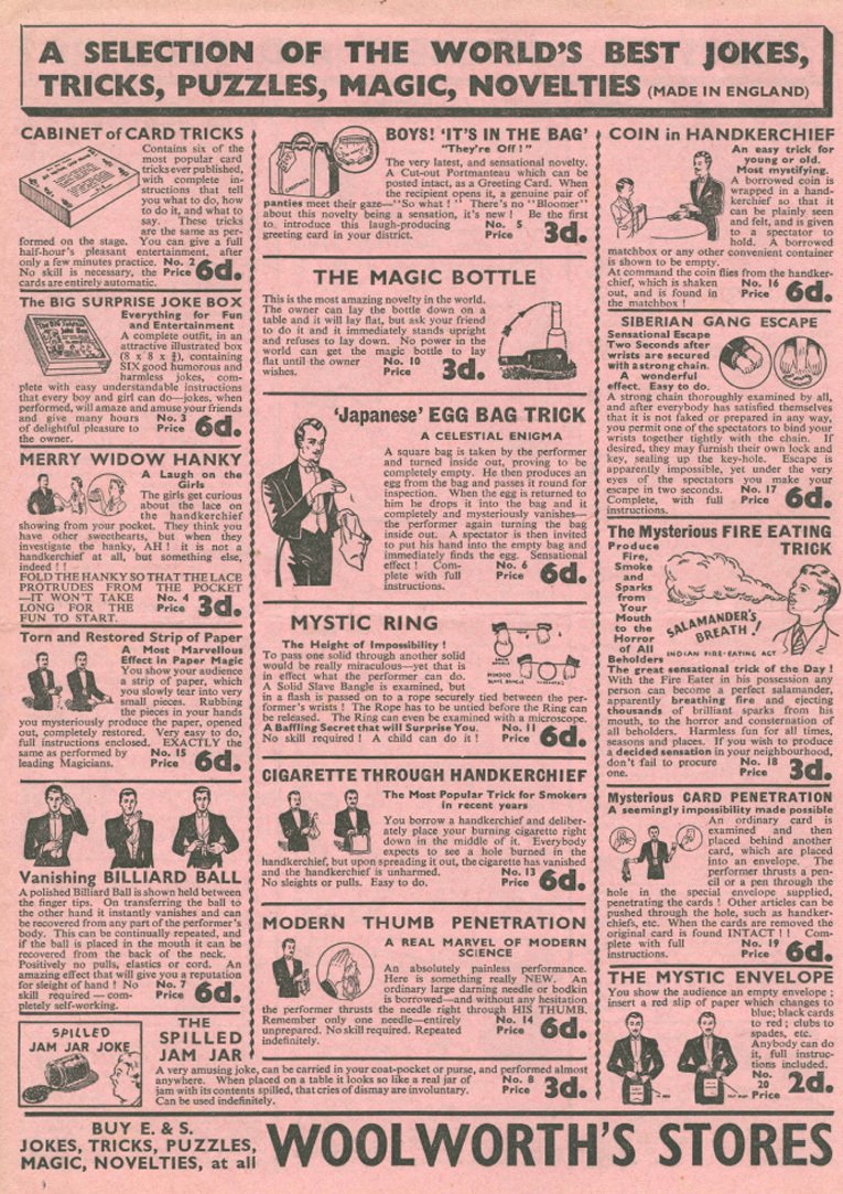 The first of four pages from a 1920s Woolworth magic tricks brochure